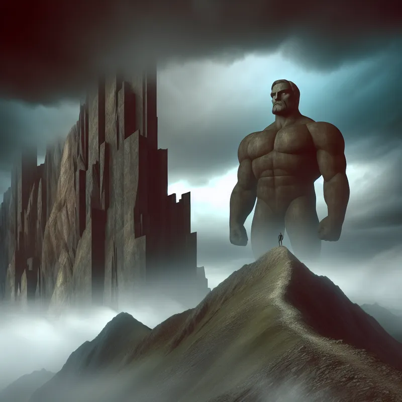 Hyperrealistisch surrealistisch portret van een stoere man met brede schouders en vastberaden blik, staand op een mistige bergtop, symbool voor kracht en karakter