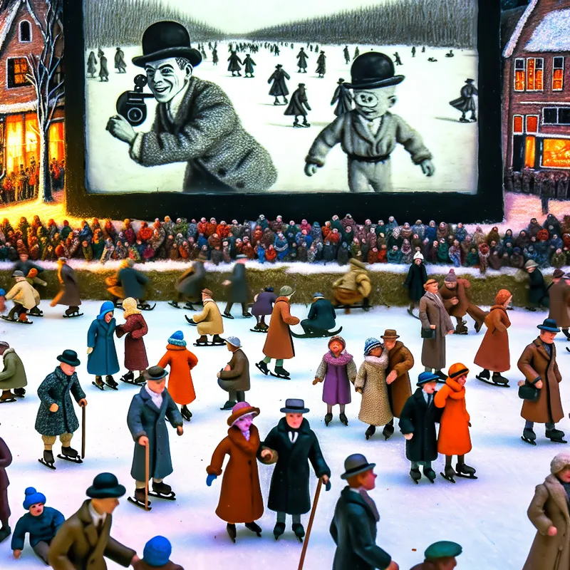 Levendige winterse filmvoorstelling uit de jaren 1920 in de stijl van Hendrick Avercamp, met een menigte in historische winterkleding die een stomme Charlie Chaplin-film bekijkt op een groot scherm bij een bevroren kanaal