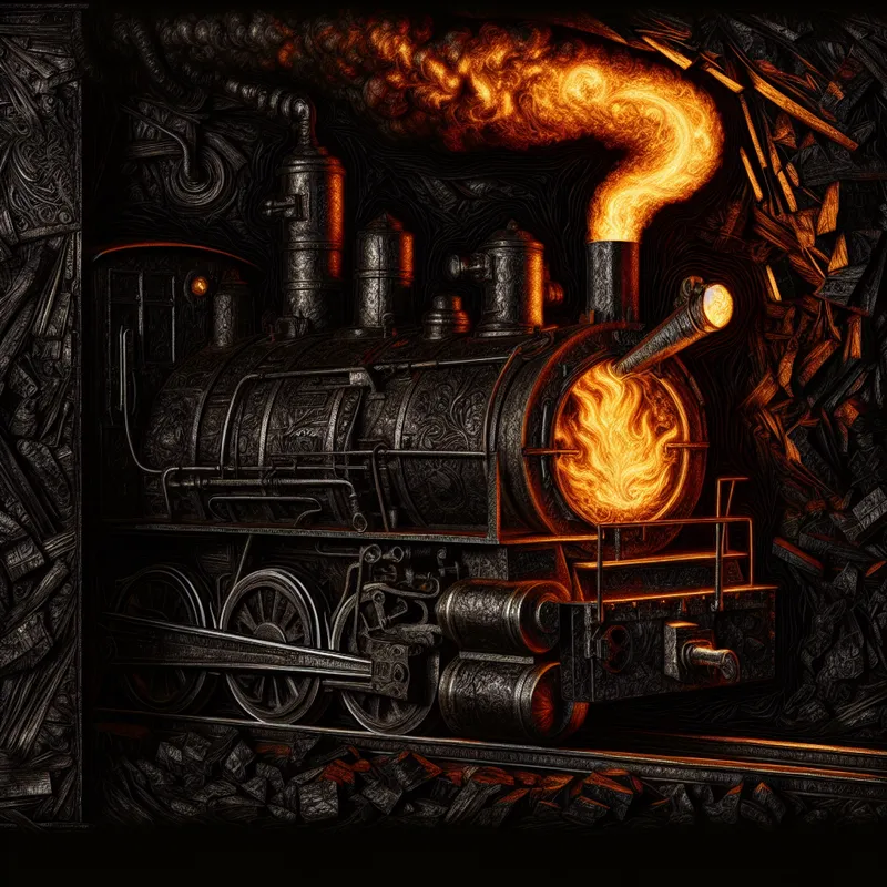 Gothische industriële scène met een stoomlocomotief waarvan de oven fel brandt met gloeiende kolen, in de stijl van Félicien Rops