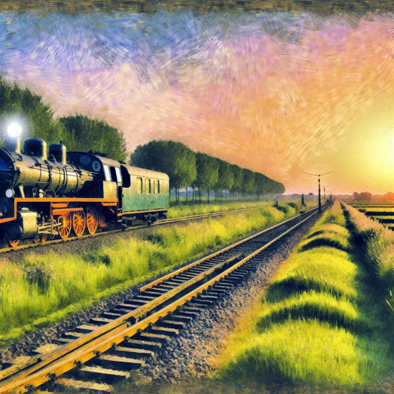 Een klassieke stoomlocomotief op spoorlijnen bij zonsondergang, omringd door groene velden.