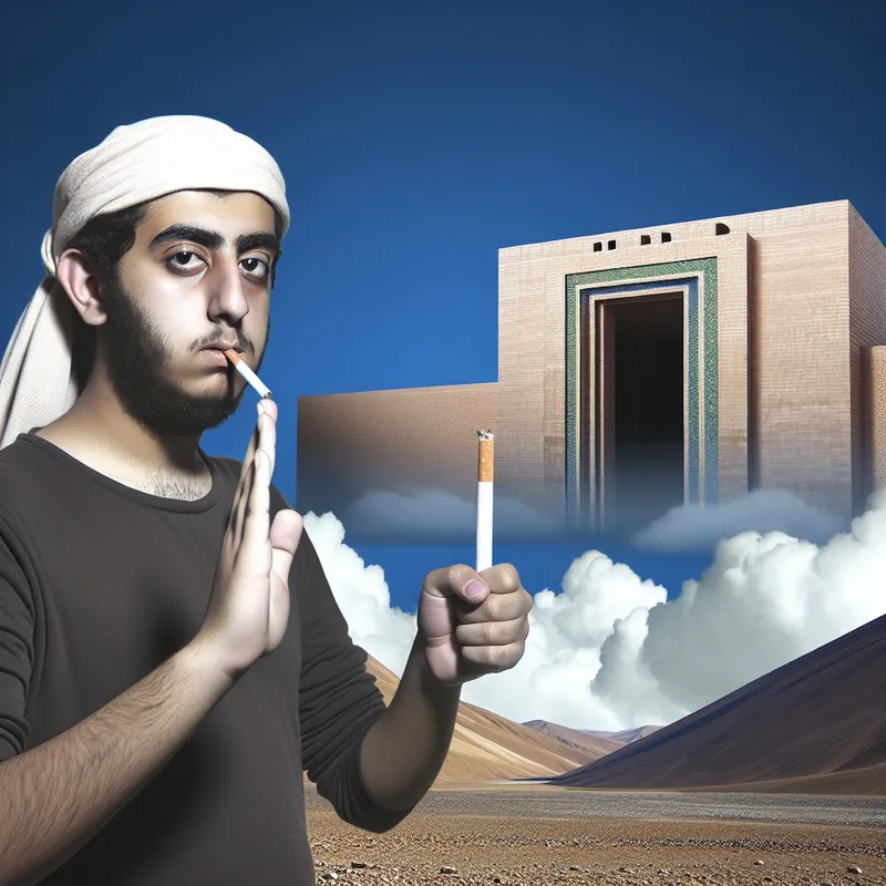 Een contemplatieve persoon met een gebroken sigaret in de hand en een stopgebaar, voor een imposante structuur in een surrealistisch landschap.