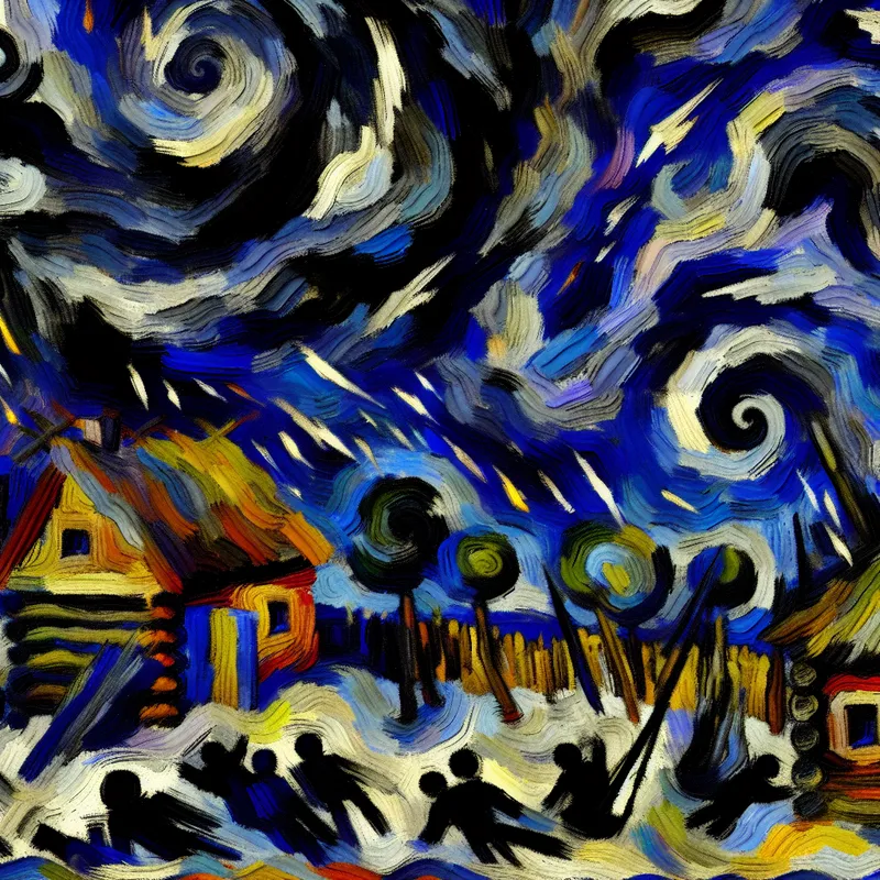 Abstracte voorstelling van een hevige storm die chaos en problemen veroorzaakt in een dorp, in de expressieve stijl van Karel Appel