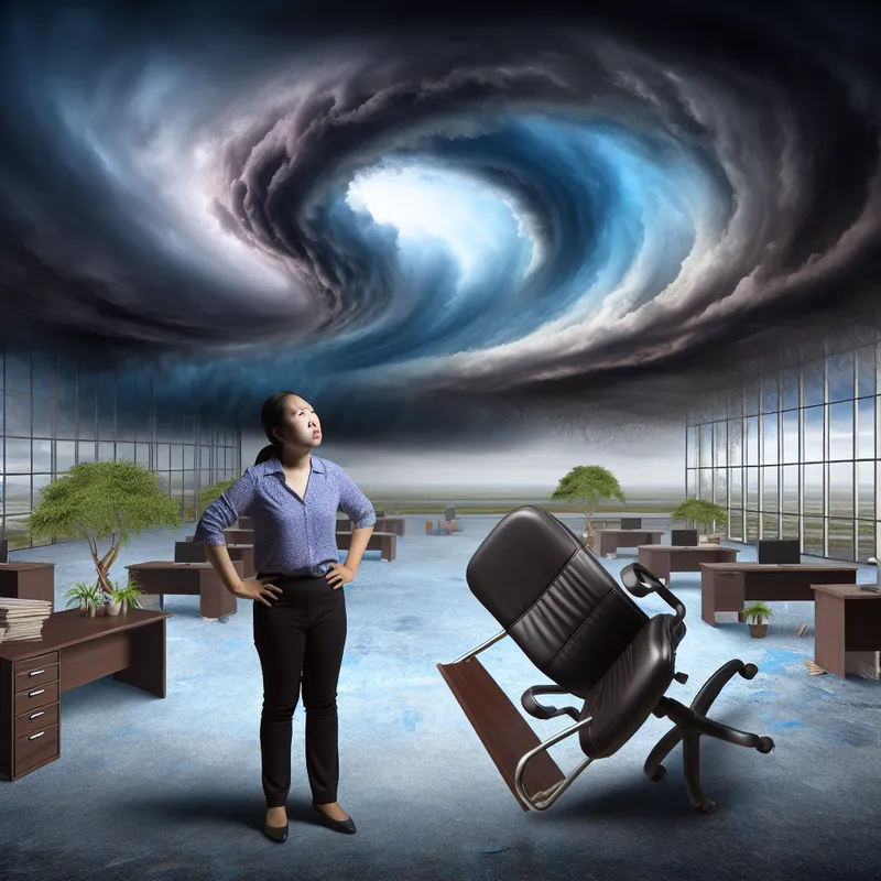 Vrouw in een lege kantoorsetting met een omgevallen stoel, onder een onheilspellende lucht, waarmee onrechtvaardige behandeling wordt aangeduid.