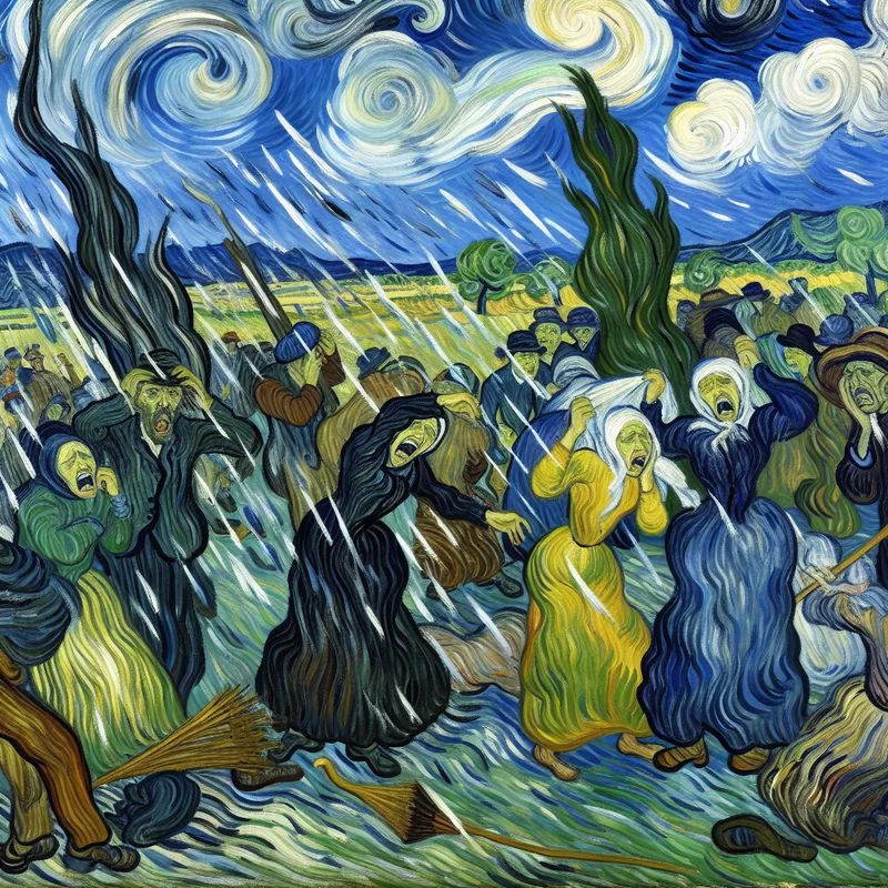 Een chaotische scène van een stormachtig landschap met mensen die zichtbaar gefrustreerd zijn onder beschadigde paraplu's, terwijl felgekleurde wolken en regen hen omringen.