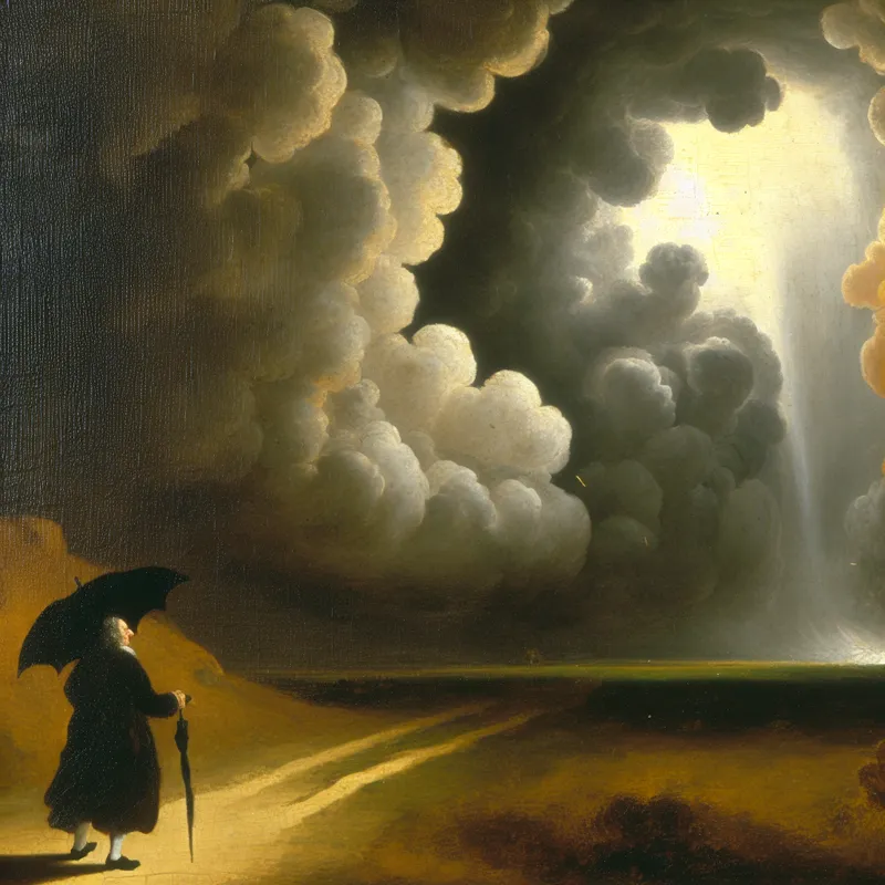 Een figuur met een paraplu staat in de regen onder een dramatische, stormachtige lucht.