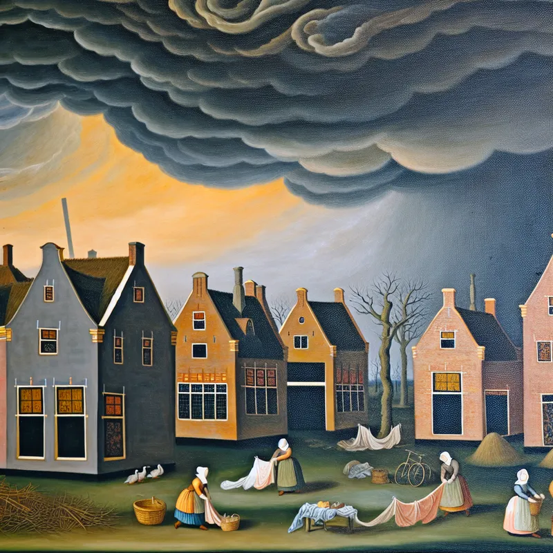 Illustratie van een stormachtige scène met een snel donker wordende lucht boven een stil dorp, waar bewoners zich voorbereiden op de storm.