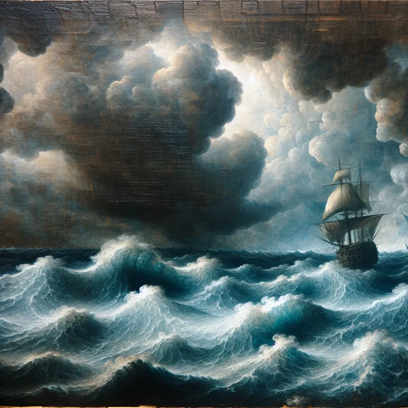 Dramatische zeegezicht in Rembrandt-stijl met woeste golven, stormachtige lucht en een klein zeilbootje dat tegen de elementen vecht