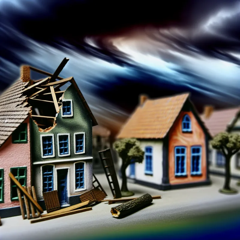 Een beschadigd huis in een klein dorp na een zware storm, met kapotte ramen en een gebroken dak, omgeven door omgewaaide bomen.