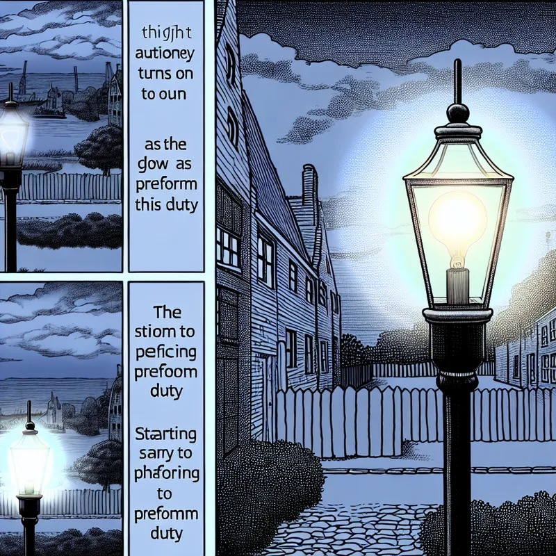 Illustratie van een lantaarn die automatisch aan gaat bij zonsondergang op een sfeervolle buurtstraat in Marten Toonder-stijl