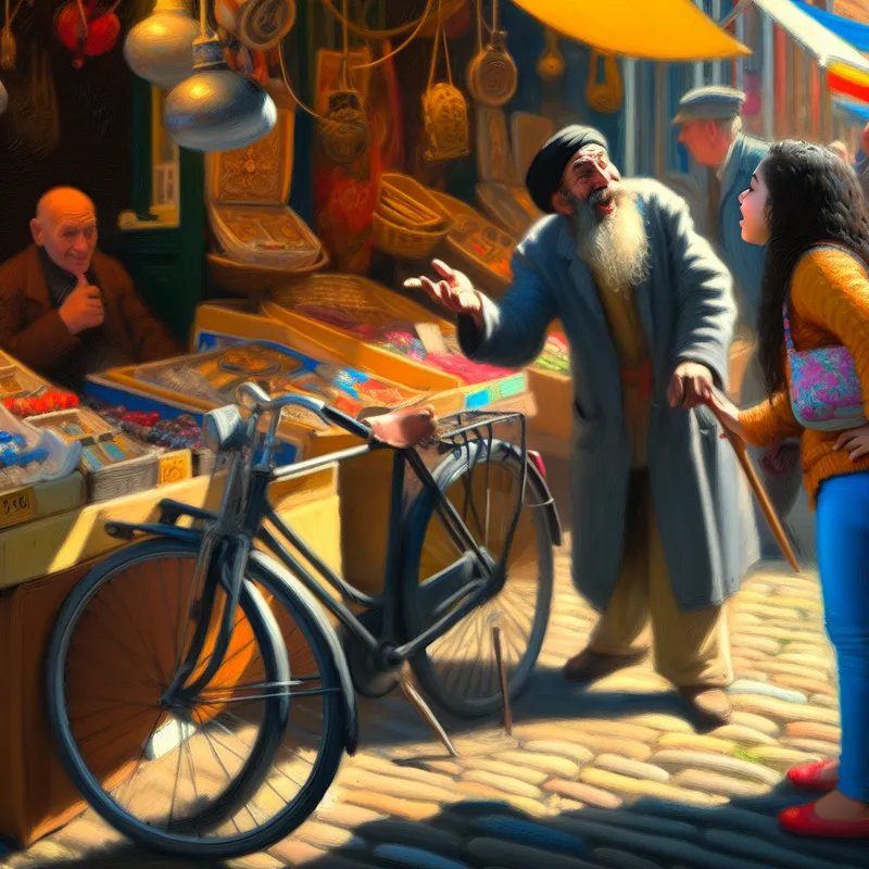 Drukke straatmarkt met winkeldialogen tussen een oude man en een jonge vrouw over de prijs van een fiets.