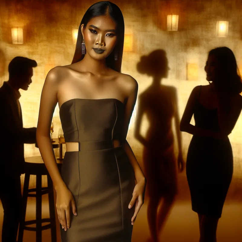 Jonge vrouw in een strak formeel jurkje op een feest, omringd door warme gouden lichten en blurrige silhouetten van andere gasten.