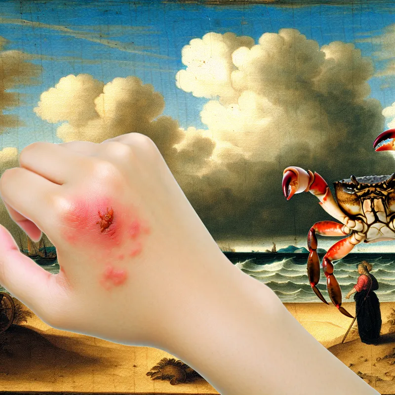 Close-up van een hand met een rode irritatie door een krabbeet, met een grote krab in de voorgrond.