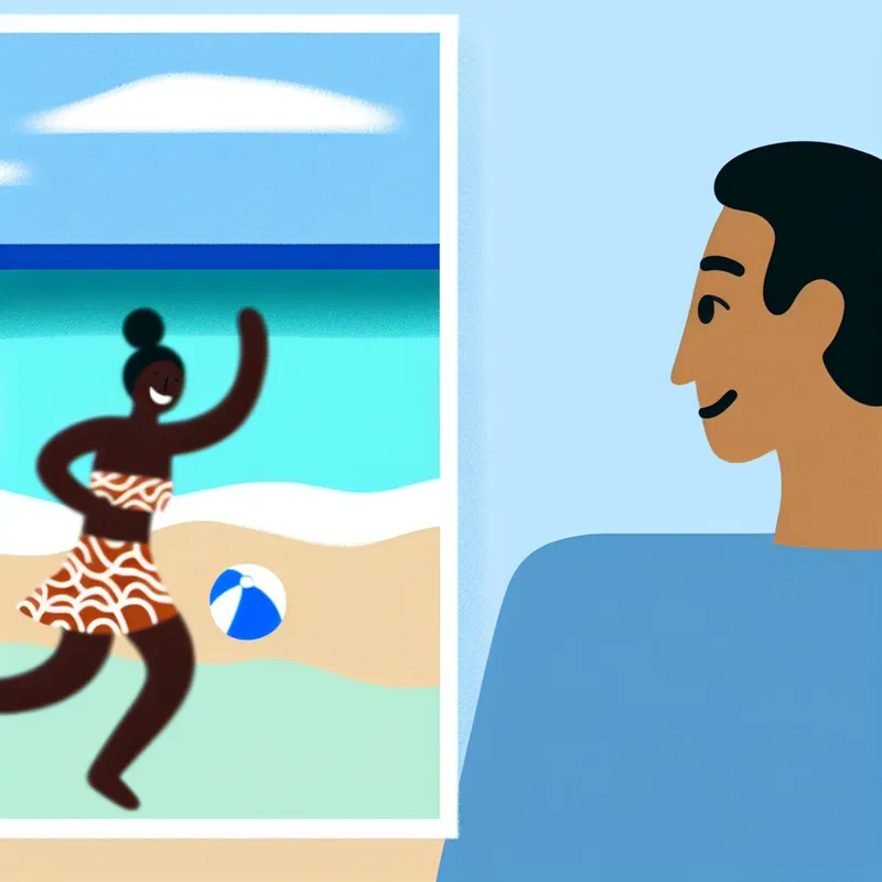 Minimalistische illustratie van een man en vrouw op het strand, de man kijkt uit over de zee terwijl de vrouw met een strandbal speelt.