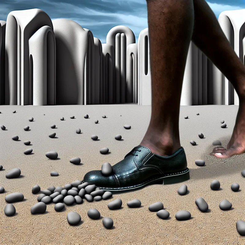 Persoon wandelt op het strand met een steen in zijn schoen en stenen om zijn voeten, surrealistisch landschap op de achtergrond.