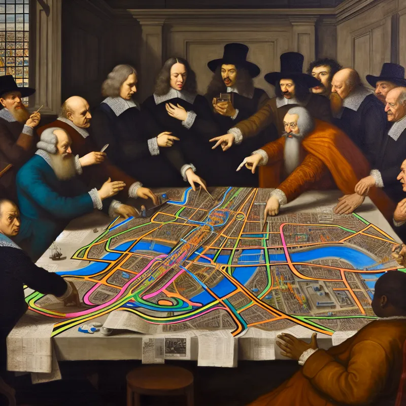 Groep ambtenaren bespreekt een gedetailleerde stadsplattegrond met verkeersstromen en openbaar vervoersroutes in levendige schilderstijl van Frans Hals
