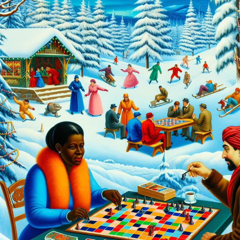 Twee spelers maken een strategische zet tijdens een bordspel in een levendig winterlandschap, omringd door sneeuwbedekte bomen en mensen die winteractiviteiten doen.