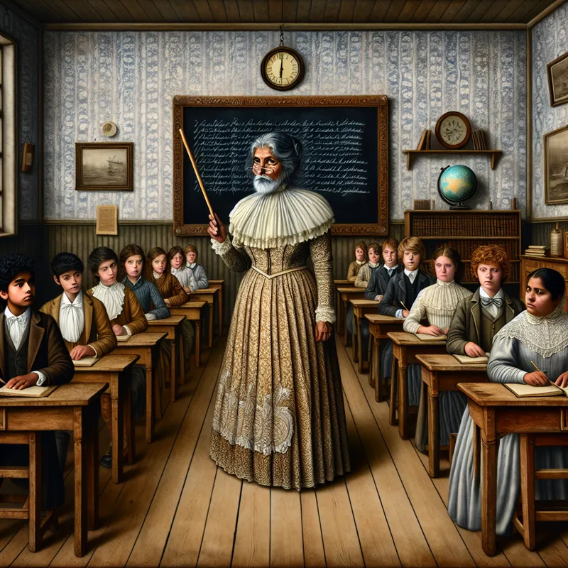 Vintage klaslokaal met strenge leraar die regels aanwijst op een krijtbord, leerlingen zitten gedisciplineerd aan houten banken in nostalgische Anton Pieck-stijl