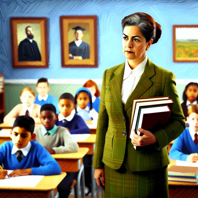 Strenge leraar in een kleurrijk klaslokaal, met een stapel boeken en een strikte houding, kijkt oplettend naar de leerlingen.