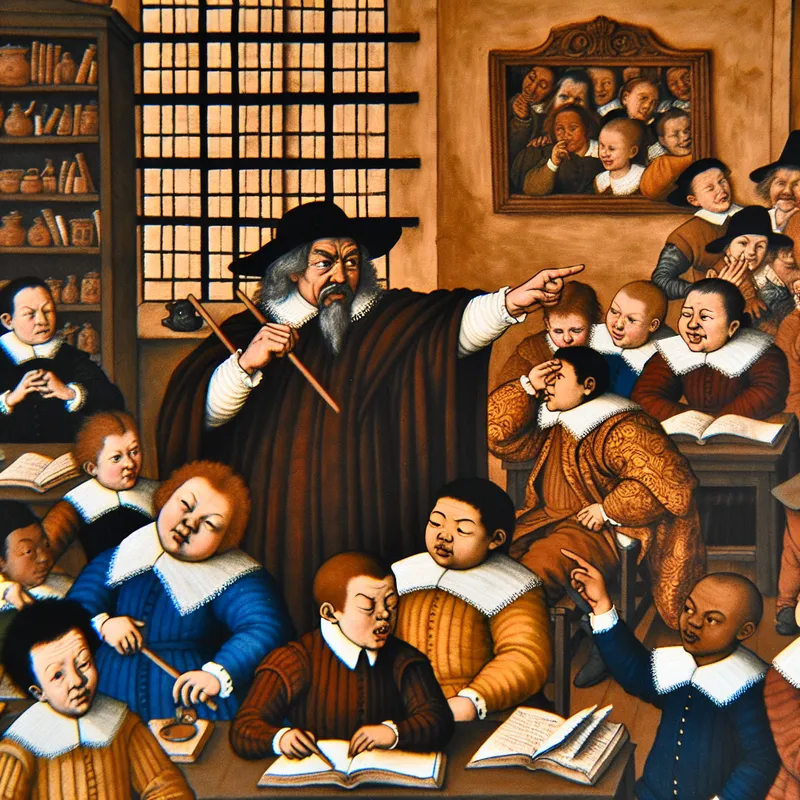17e-eeuwse Nederlandse klas met strenge leraar die orde handhaaft, leerlingen gedragen zich ondeugend in de stijl van Jan Steen