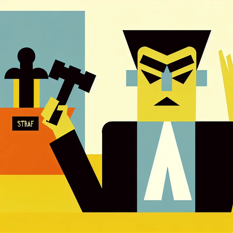 Minimalistische illustratie van een strenge rechter met hamer in een rechtszaal, symboliserend ernst en straf