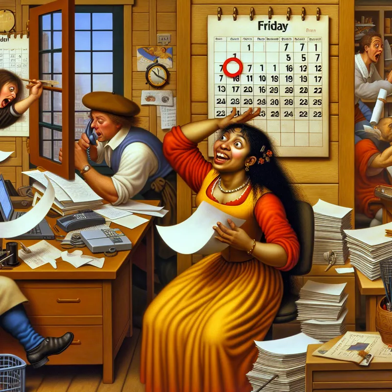 illustratie van een jonge vrouw die meerdere taken jongleert in een drukke kantooromgeving