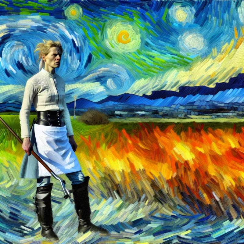 Expressieve figuur als strijder voor een ideaal in Van Gogh-stijl, met protestteken en dynamische achtergrond van natuur en hoop