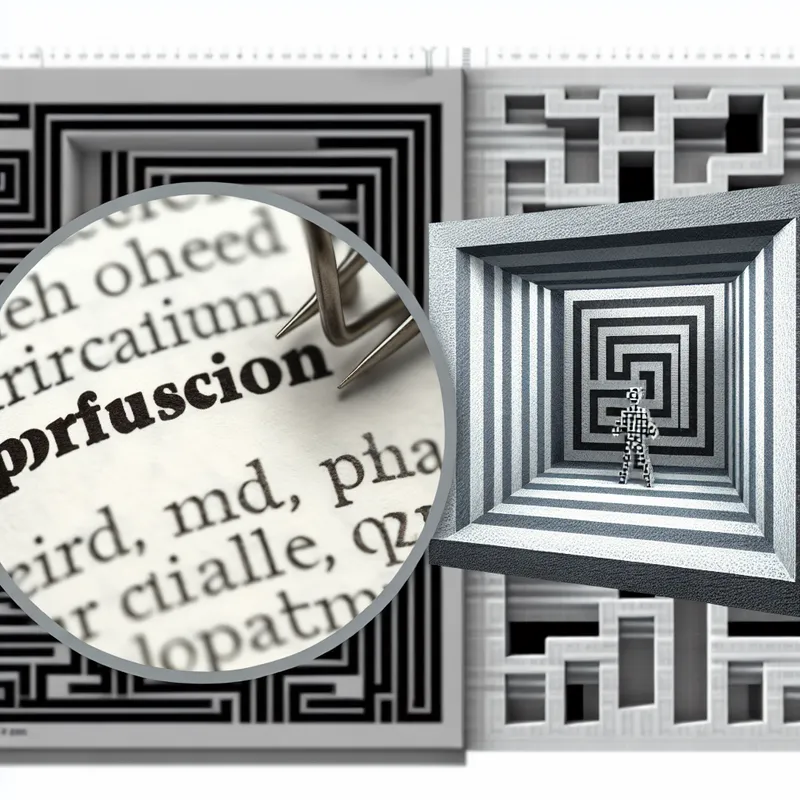 Surrealistische illustratie van een strikte betekenis van een woord, geïnspireerd op M.C. Escher, met een figuur gevangen in een geometrische kamer op een woordenboekpagina