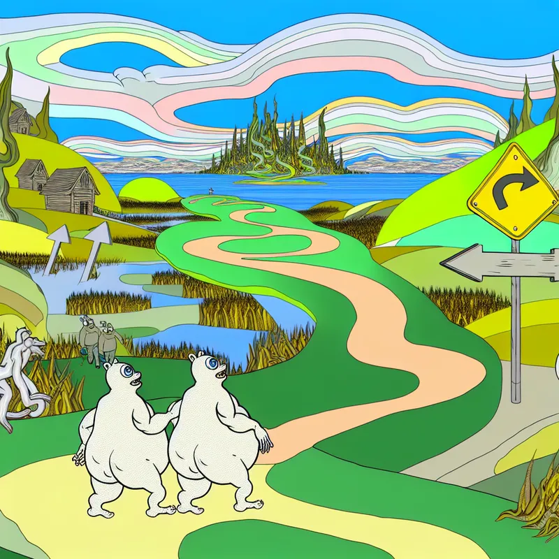 Twee vrolijke stripfiguren volgen een kronkelend pad met grote wegwijzers naar een meer in een sprookjesachtig landschap