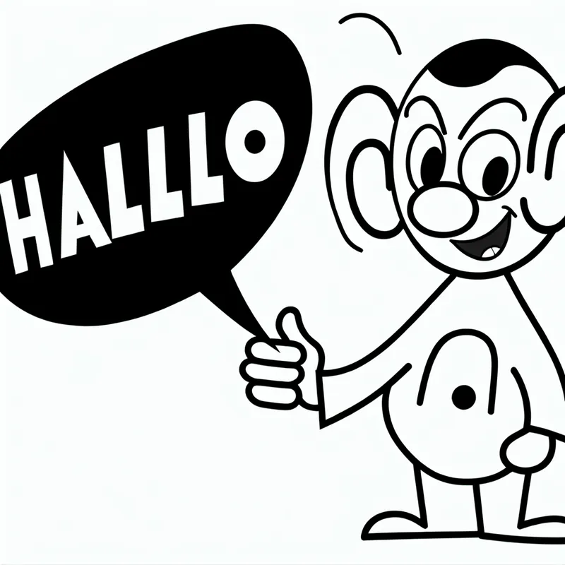 Vrolijke stripfiguur zegt 'Hallo!' in een tekstballon, minimalistische illustratie in stijl van Dick Bruna