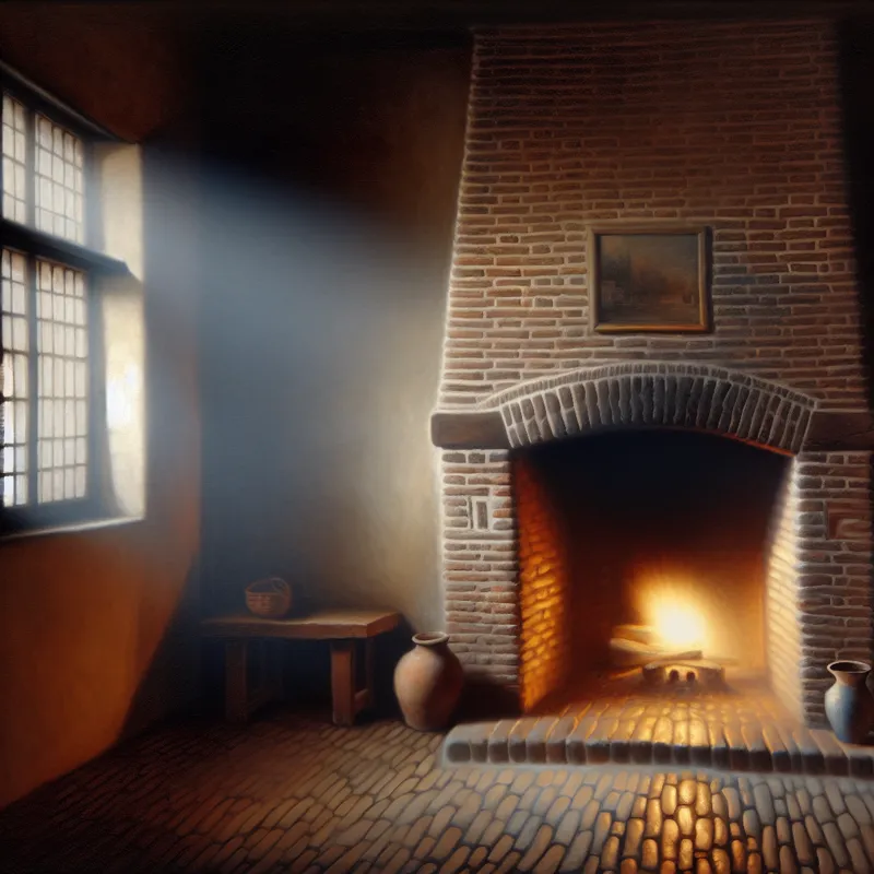 17e-eeuws Nederlands interieur met een brandende open haard waar rook door de schoorsteen stroomt, illustratie van 'stromen'