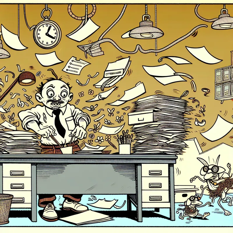 Kleurrijke cartoon van een kantoormedewerker die een rommelig bureau opruimt en structuur aanbrengt, met zwevende icoontjes van klokken en vinkjes