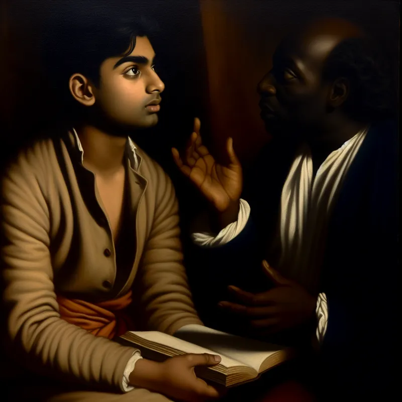 Een jonge student vraagt een oudere adviseur om verduidelijking in een intieme, schemerige kamer.