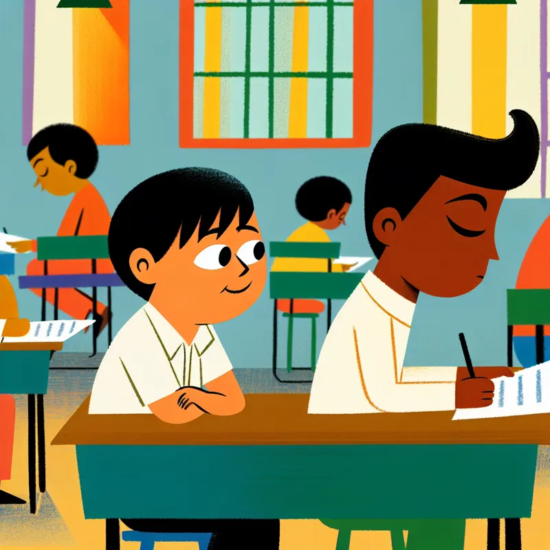 Een onschuldige student die tijdens een examen op een schoolbank zit en die ondeugend naar het proefwerk van de naastgelegen student kijkt.