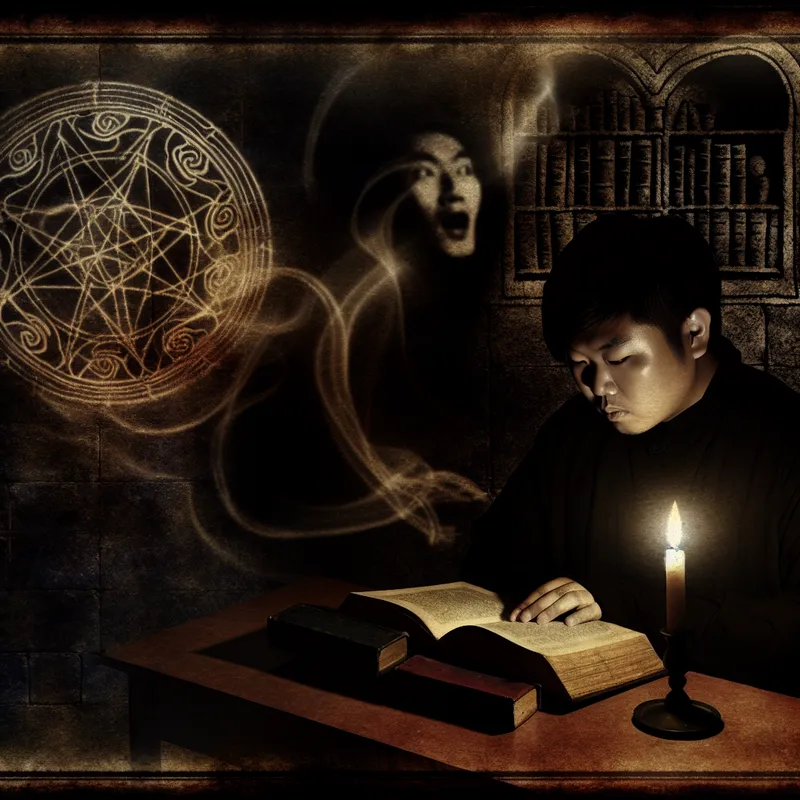 Een student die zich intenseert op een gloeiend boek in een donkere kamer, met schaduwen die om hem heen fluisteren.
