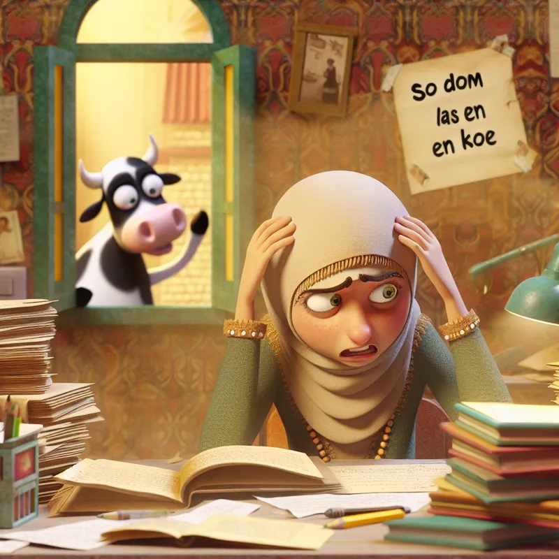 Een frustrerende student zit aan een rommelig bureau met boeken en papieren, terwijl een cartoonachtige koe met een domme uitdrukking door het raam kijkt, als symbool voor domheid.