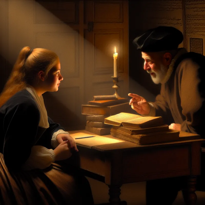 Een jong student in een serieuze conversatie met een oudere leraar in een sfeervol verlichte kamer, waarbij schaduwen een dramatisch effect creëren.