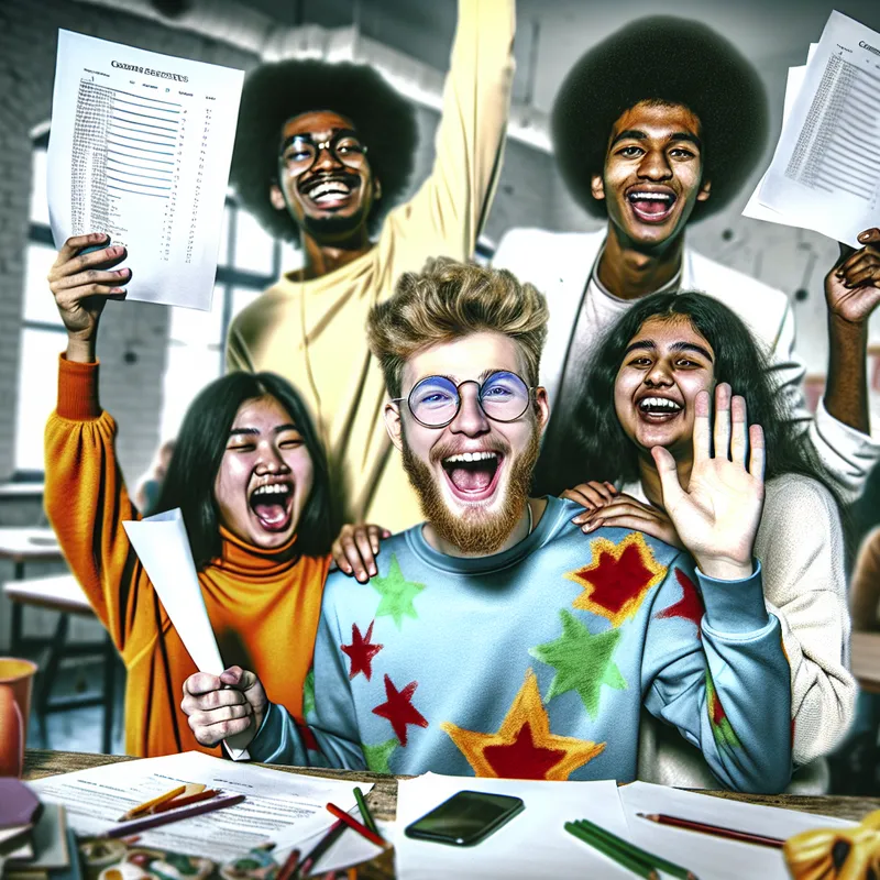 Een student houdt met trots een examenresultaatpapier vast met een voldoende omringd door vrolijke vrienden die vieren met hoge vijven en glimlachen in een klaslokaal.