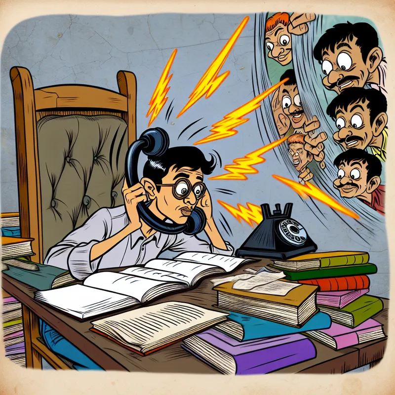 Een cartoonachtige afbeelding van een student die gefrustreerd studeert aan een rommelig bureau, omringd door boeken en aantekeningen, terwijl een luidruchtige telefoon rinkelt.