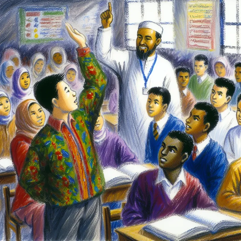 Een student die zijn hand opsteekt en hoopvol naar de leraar kijkt in een levendige klaslokaalsetting.