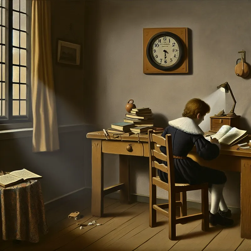 Een jonge student werkt hard aan huiswerk aan een houten bureau in een elegante kamer, omringd door boeken en schoolbenodigdheden.