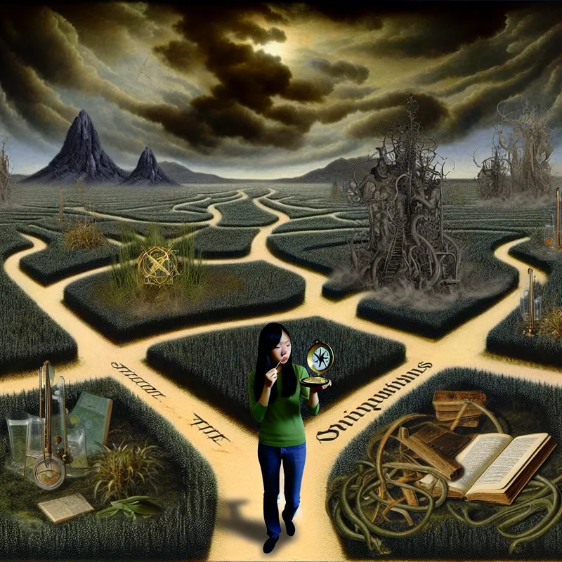 Jonge student staat op een kruispunt met een kompas, omringd door met paden naar schaduwachtige bossen en bergen, met teksten zoals 'Wetenschap'.