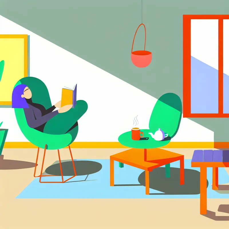 Een student zit ontspannen thuis in een gezellige omgeving, lezend in een boek, met een kopje thee op een tafeltje.