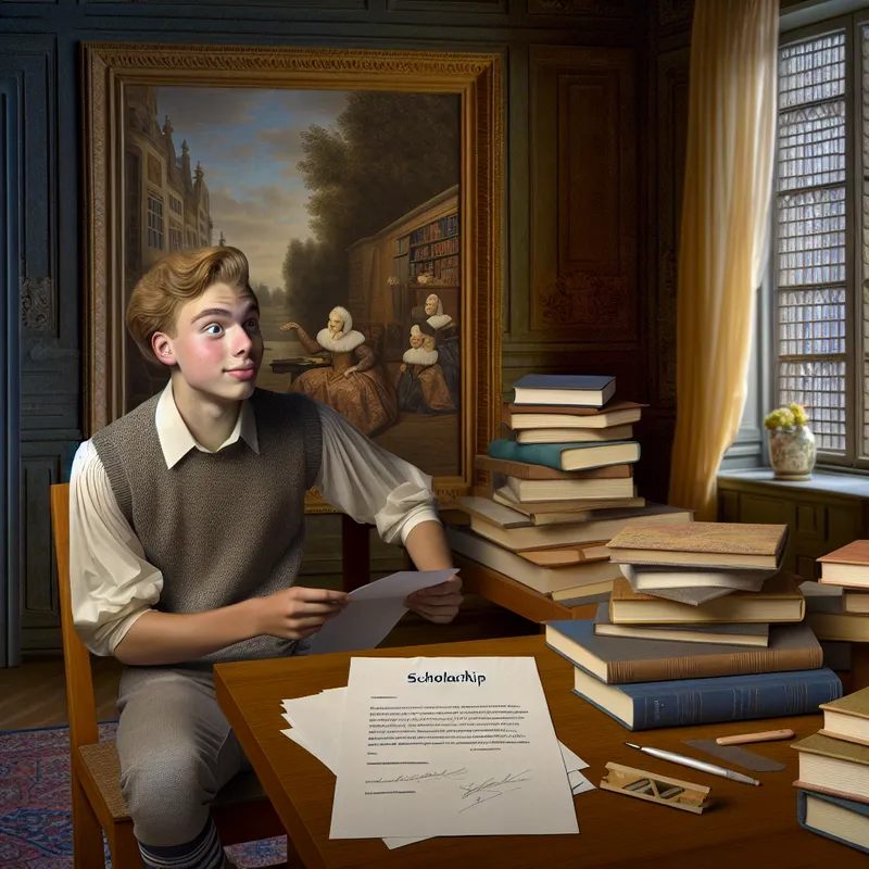 Een jonge student met een beursdocument in elegante studeerkamer, omringd door boeken.