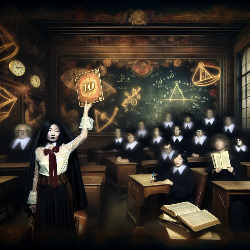 Student in vintage academische kleding houdt triomfantelijk een versierd rapport met een gouden 10 voor Wiskunde in een donkere, gotische klas