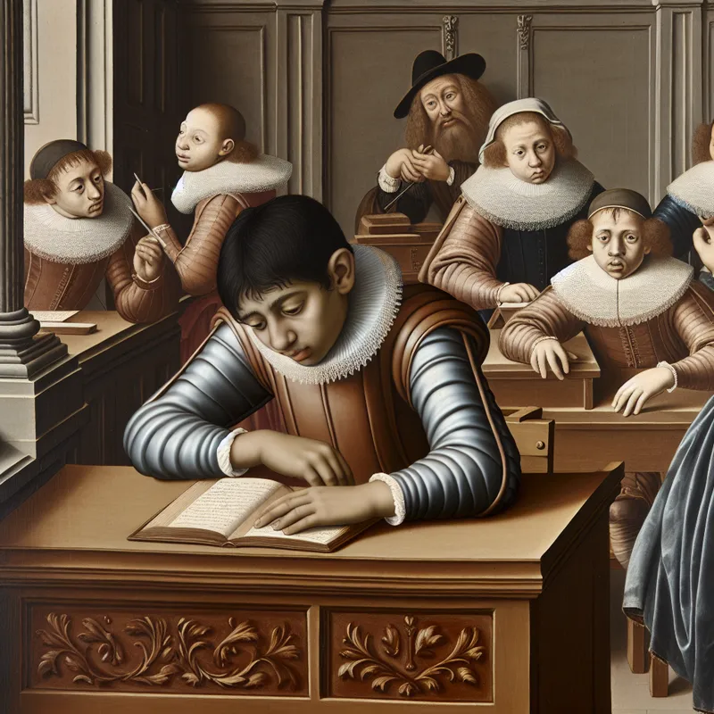 17e-eeuwse Nederlandse studeerkamer met een jonge student die moeite heeft om het tempo bij te houden, terwijl klasgenoten geconcentreerd werken in elegante kleding met fijne stoffen