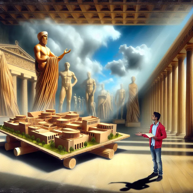 Student presenteert een onderwerp over duurzaamheid naast een model van een stad gemaakt van gerecyclede materialen.