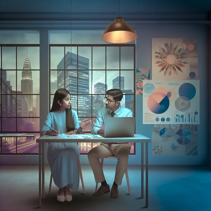 Jong student in modern marketingbedrijf, bezig met brainstormen aan bureau met laptop en ontwerpschema's