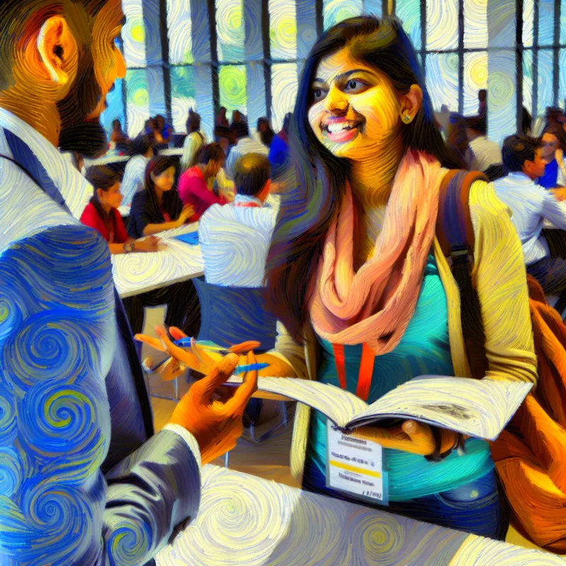 Jonge student in een moderne kantooromgeving, in gesprek met collega's en notities makend.