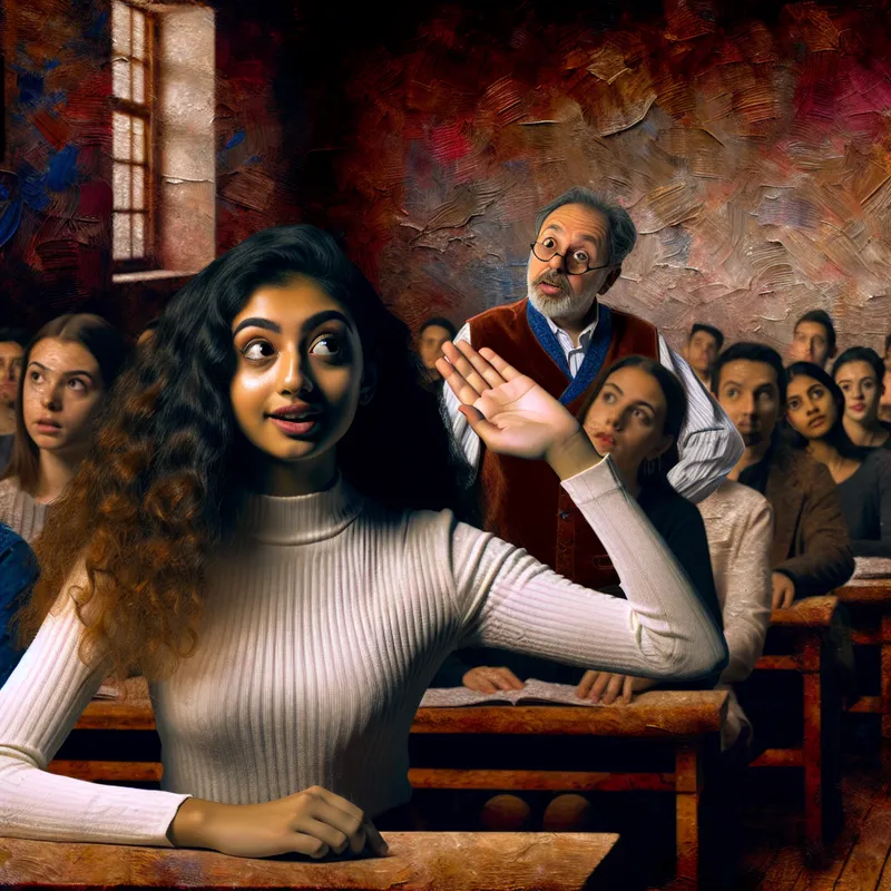 Een jonge vrouw met krullend haar steekt haar hand omhoog om een vraag te stellen in een diverse klaslokaal vol aandachtige medestudenten.