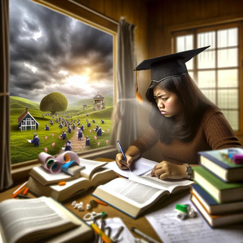 Student studerend aan een rommelig bureau met open boeken en notities